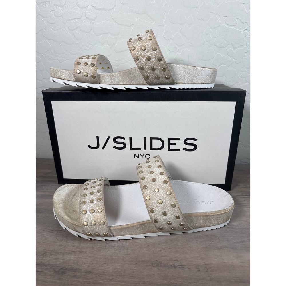 J/Slides NYC Erika Bronze Metallic Leather Suede Studs Slip On Sandals‎ Size 8.5